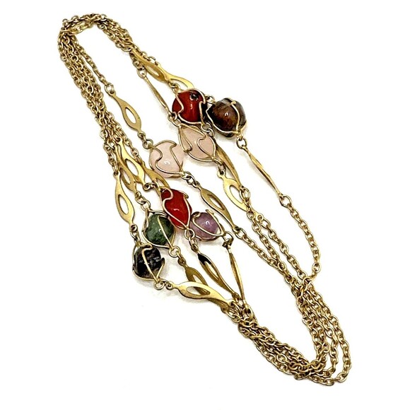 Unbranded Jewelry - Vintage Semi Precious Caged Stone Station Necklace Long 48" Multicolor Statement